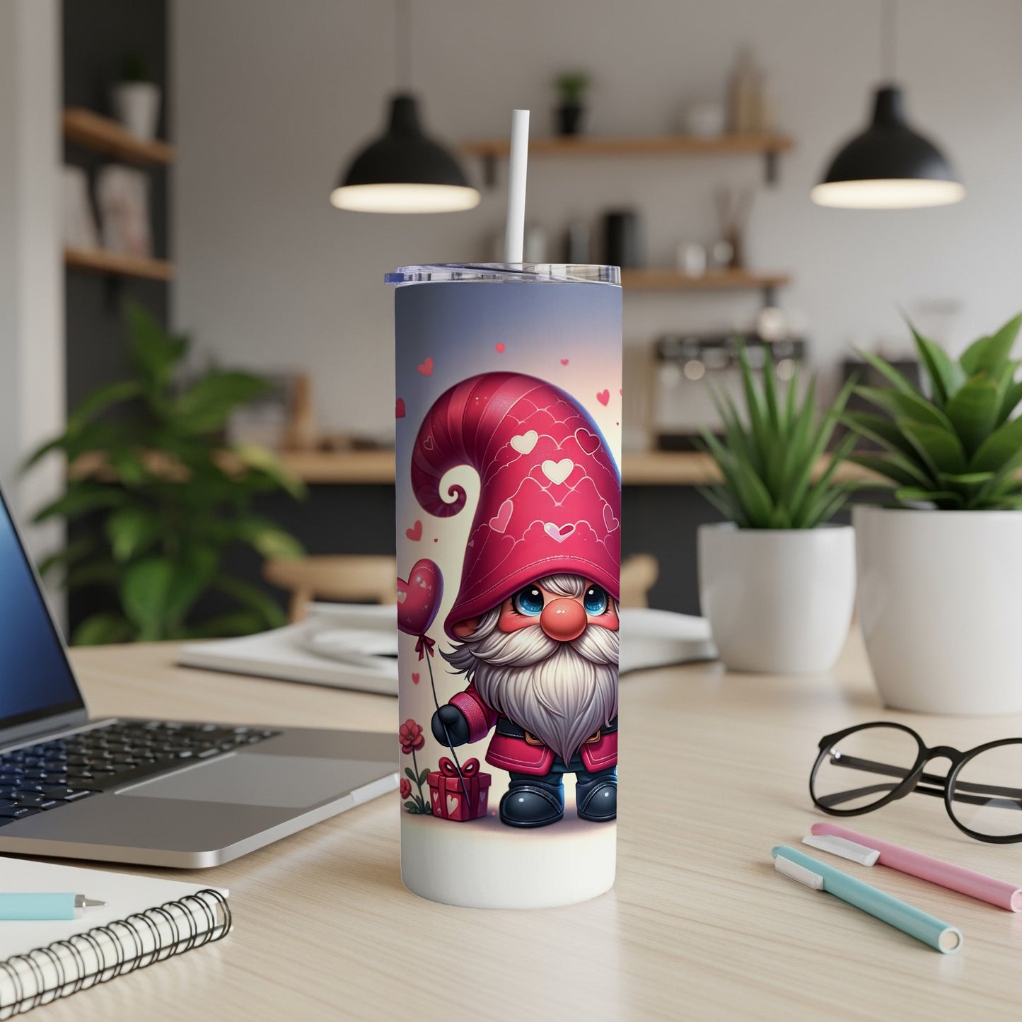 Gnome holding heart balloons and gift with Valentine's Day design.