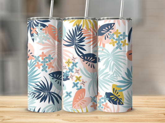 Three tumblers with a tropical leaf and floral pattern.