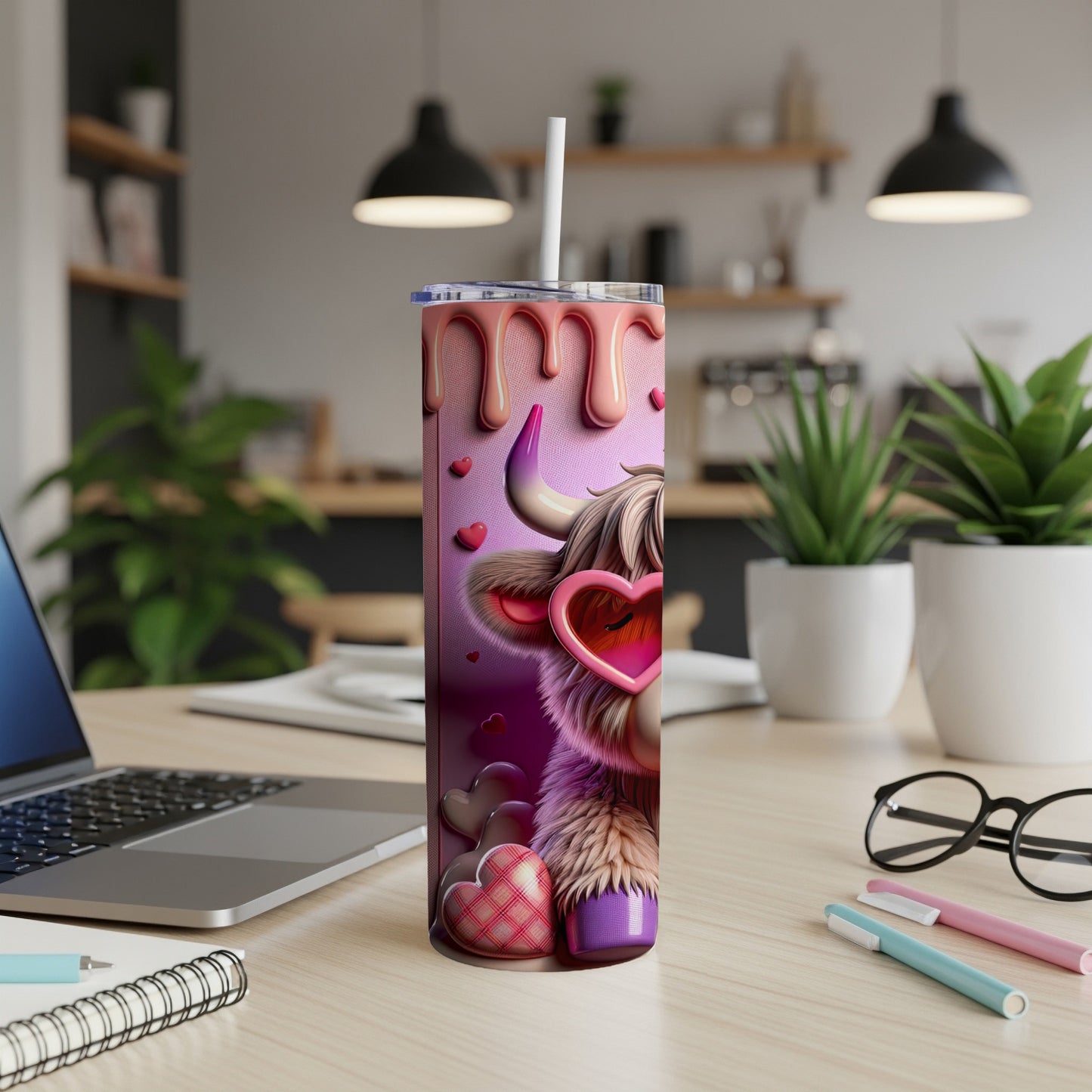 Pink Valentine's cow tumbler with hearts, glasses, and straw.
