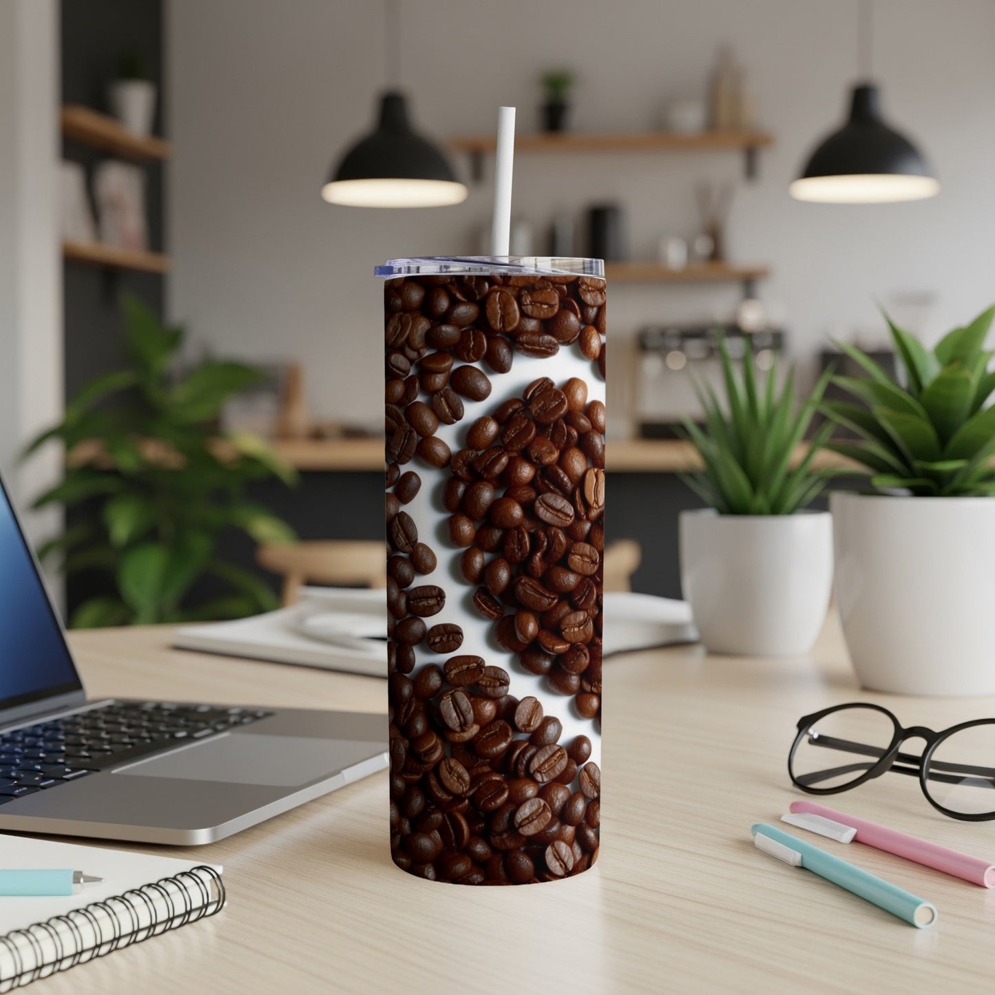 Tall tumbler with a close-up pattern of roasted coffee beans.