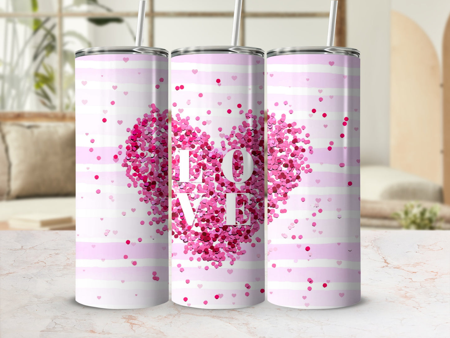 Pink Heart and LOVE Design Tumbler for Valentine Gifts
