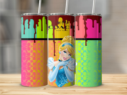 Cinderella and Coach New York logo on drippy paint tumblers with signature pattern.