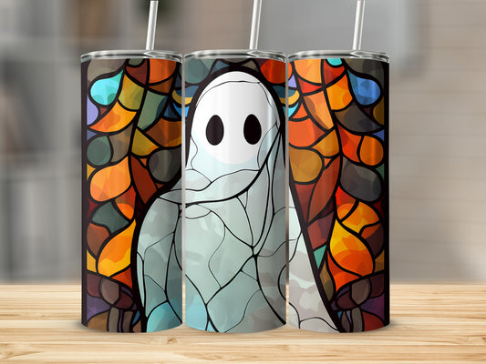 Three tumblers with a stained-glass ghost design and straws.
