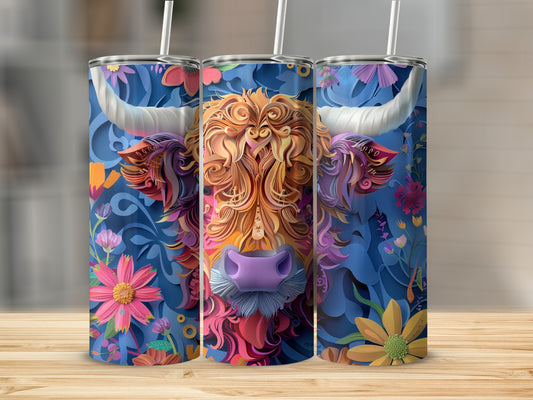Three tumblers with a vibrant Highland cow design on a wooden surface.