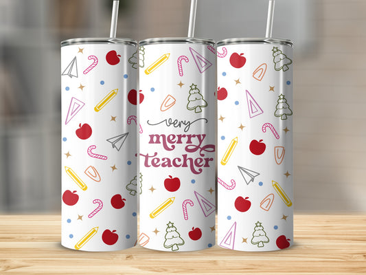Tumbler with "Very Merry Teacher" and festive icons on white background.