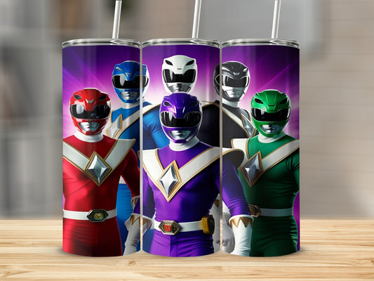 Five Power Rangers in colorful costumes stand with determined poses.
