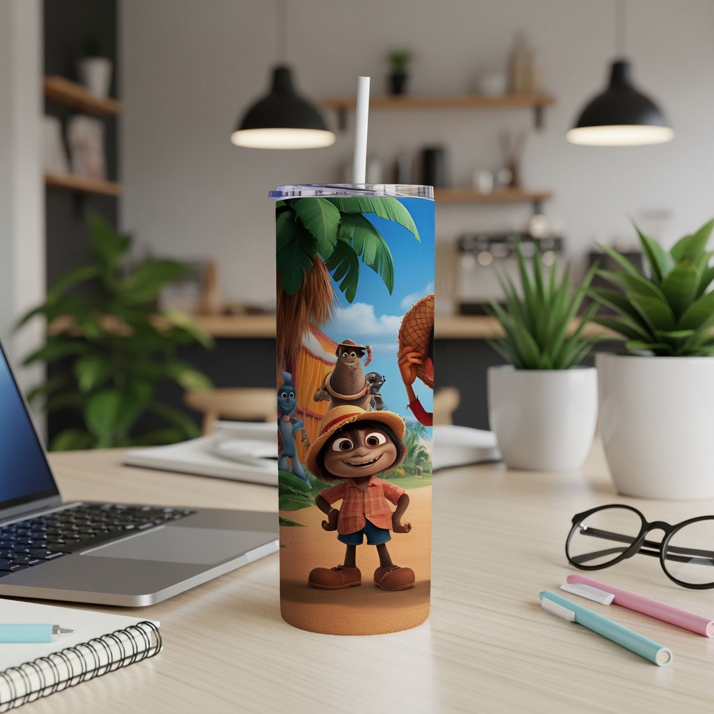 Cartoon character in tropical setting on a tumbler in a home office mockup.