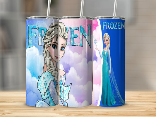 Three Frozen tumblers with Elsa in blue, pink, and purple sky backgrounds.