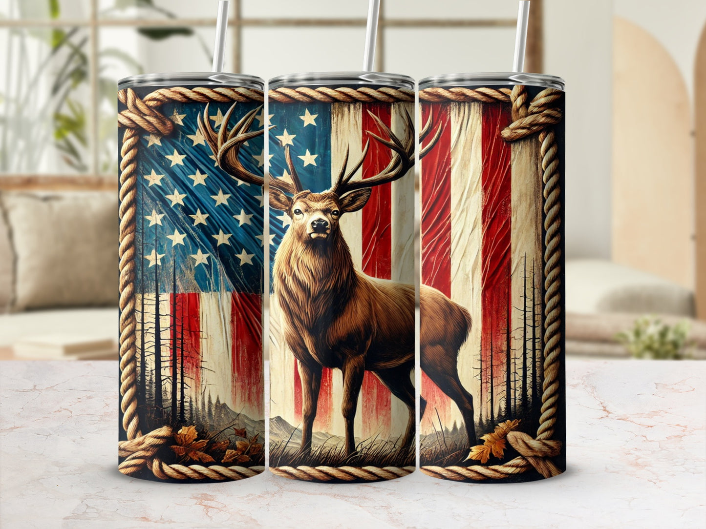 Patriotic Deer Artwork Stainless Steel Tumbler