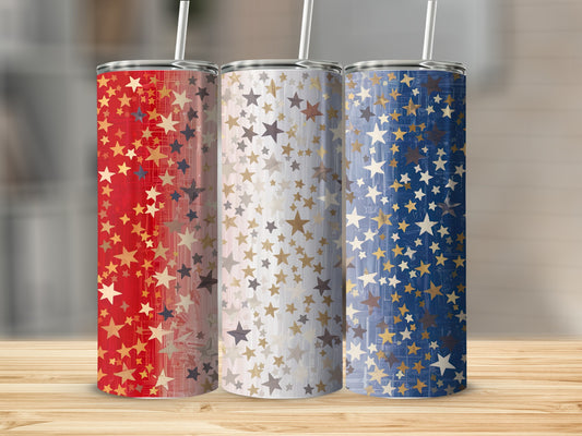 Three tumblers with patriotic star patterns in red, white, and blue.