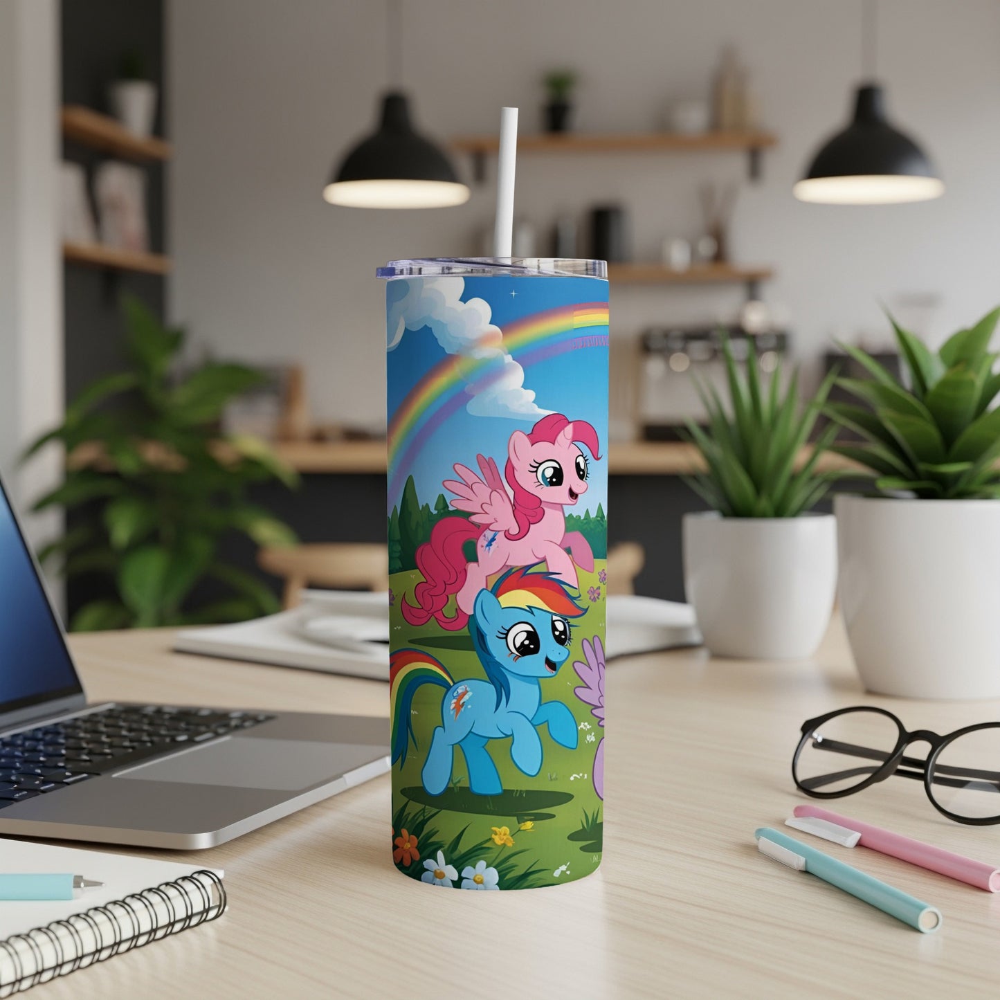 My Little Pony characters Pinkie Pie and Rainbow Dash on a tumbler with a rainbow.
