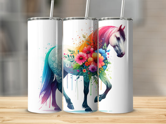 White horse with rainbow mane and floral body, on a tumbler.