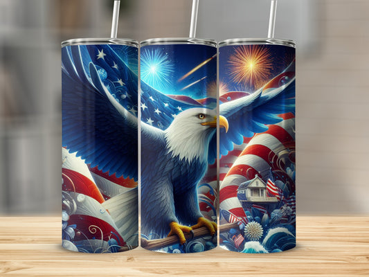 Eagle and American flag patriotic design on three tumblers.