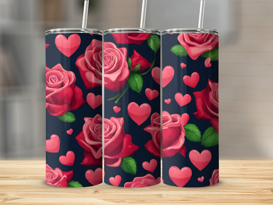 Dark blue tumbler with repeating pattern of pink roses and hearts.
