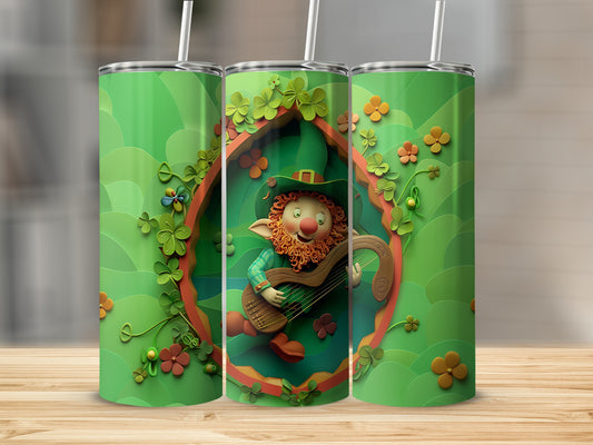 Leprechaun playing harp surrounded by shamrocks on a green tumbler.
