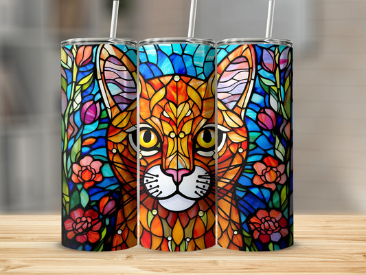 Stained glass cat tumbler with floral accents.