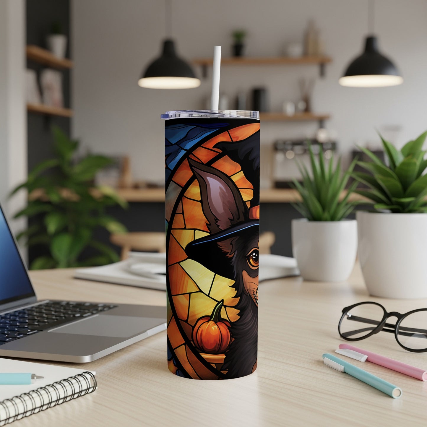 Chihuahua wearing witch hat holding pumpkin, stained glass art tumbler.