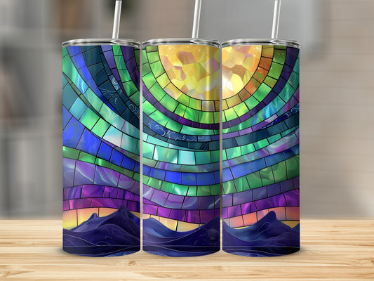 Three tumblers with stained glass mountain and moon designs.