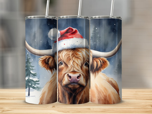 Highland cow wearing a Santa hat against a snowy forest background.