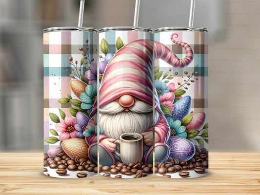 Easter gnome with coffee cup, surrounded by pastel Easter eggs and flowers.