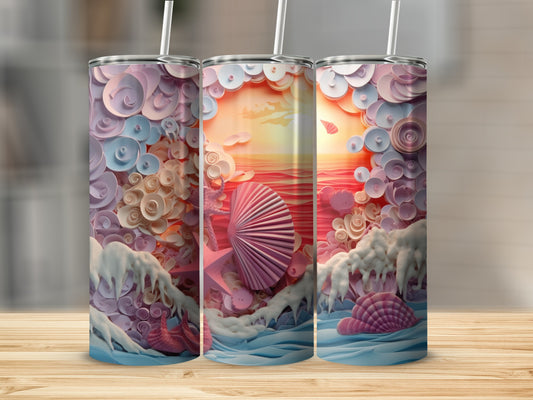 Three tumblers with a surreal seashell and ocean sunset design.