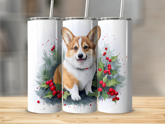 Pembroke Welsh Corgi in festive greenery with holly berries.