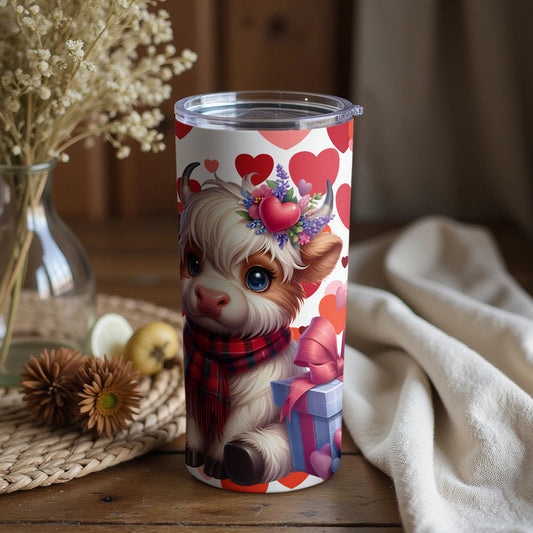 Cute Highland Cow with Hearts and Gift Tumbler