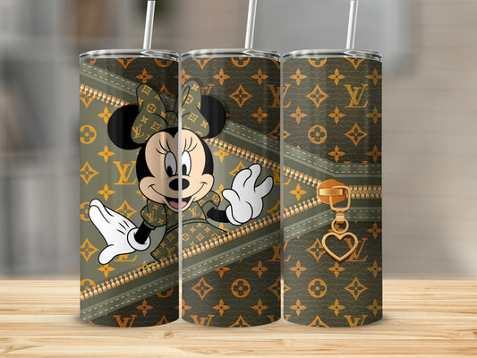 Minnie Mouse in designer pattern, with golden zipper and heart charm.