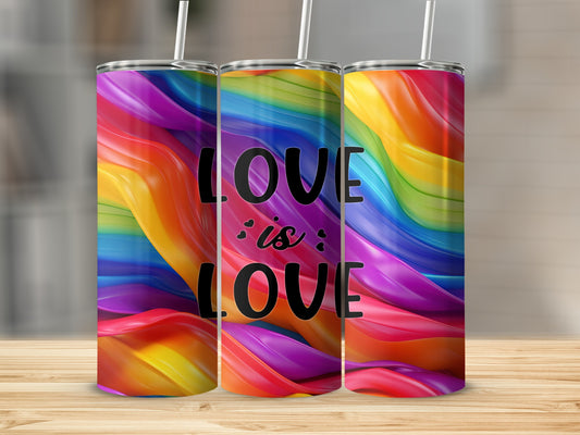 Rainbow swirl tumbler with "Love is Love" text.