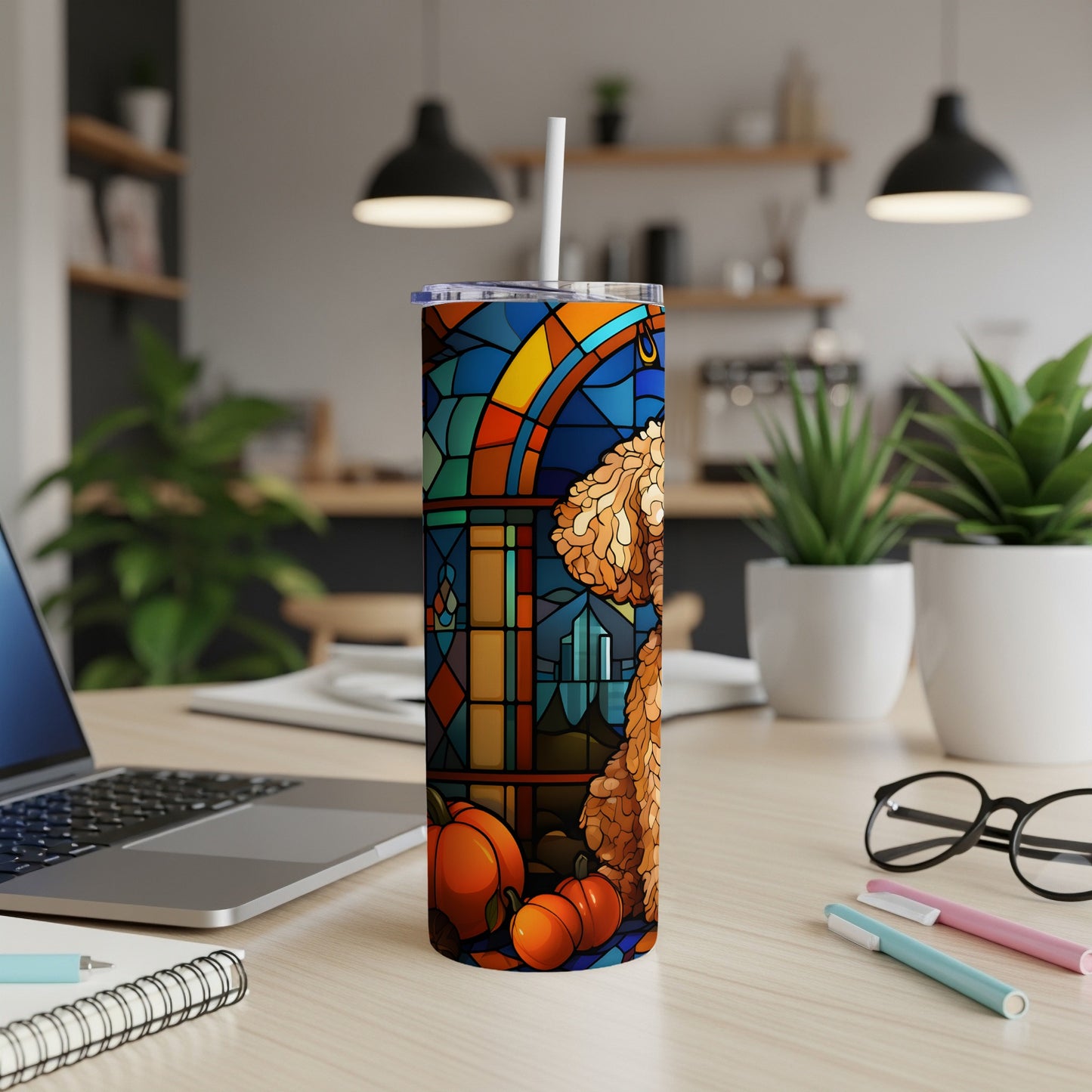 Tumbler with stained glass pattern featuring pumpkins and fall leaves.