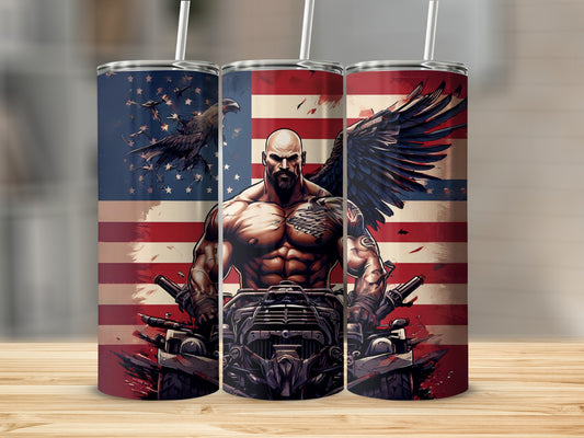 Muscular man with wings on a motorcycle against an American flag.