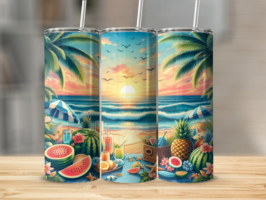 Triptych of tumblers with tropical beach sunset, fruit, and umbrellas.