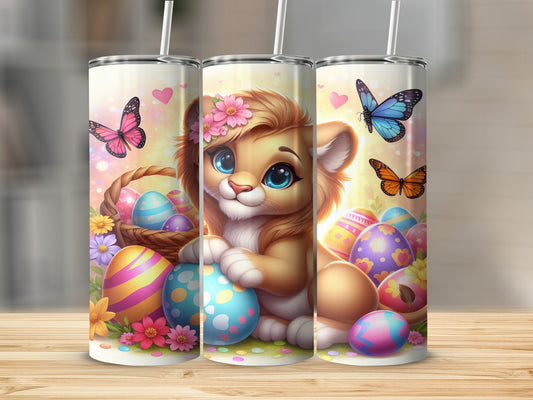 Lion cub with Easter eggs and butterflies, bright colors.