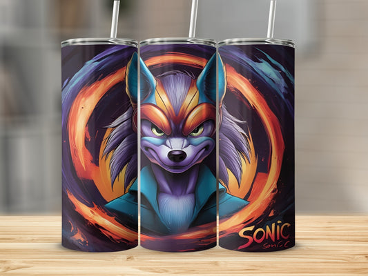Sonic the Hedgehog character with fiery swirl background on a tumbler.