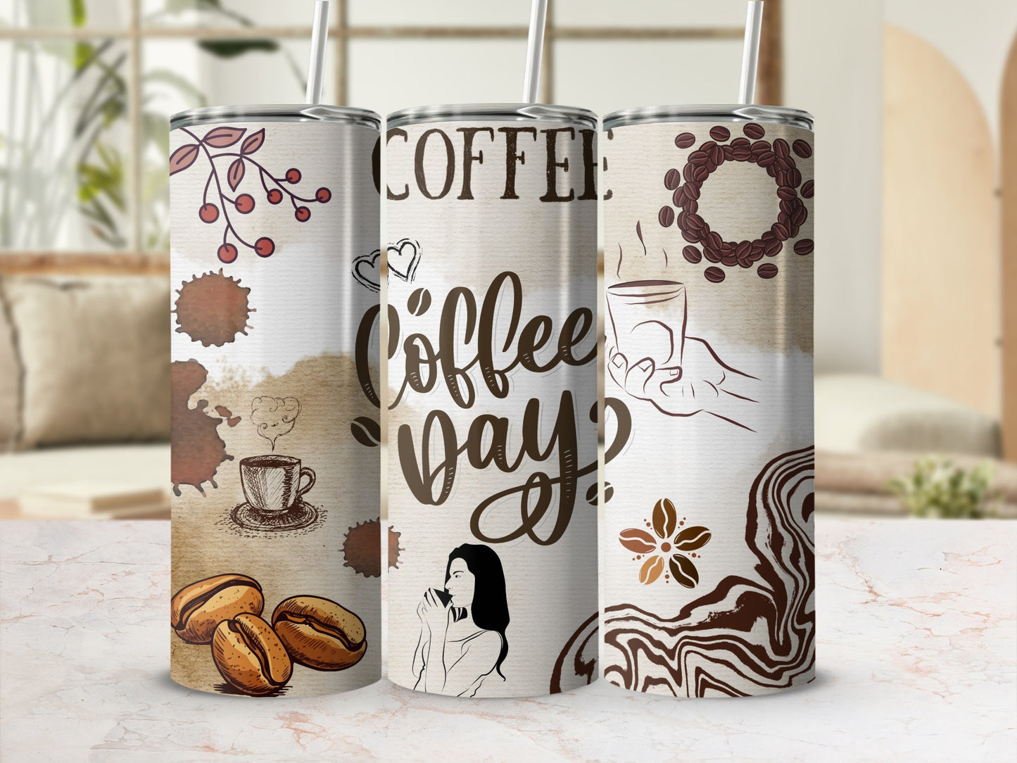 Coffee Themed Reusable Double-Walled Tumbler Set