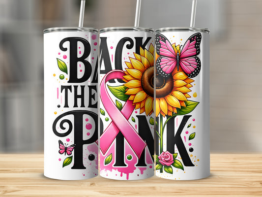 Tumbler with pink ribbon, sunflower, butterfly, and "Back the Pink" text.