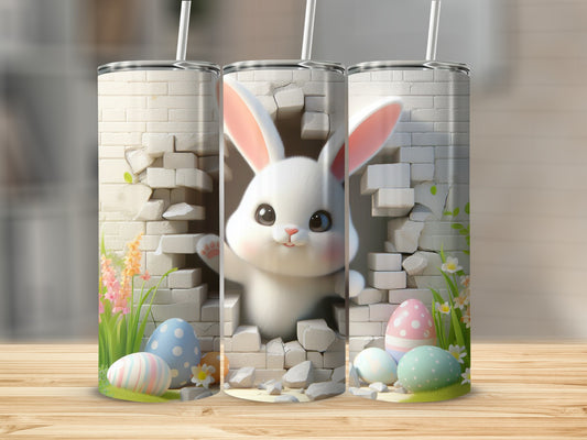 Easter bunny emerging from cracked brick wall with colorful eggs and flowers.
