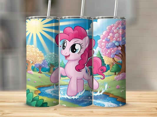 Pinkie Pie running through a colorful cartoon meadow with trees and a river.