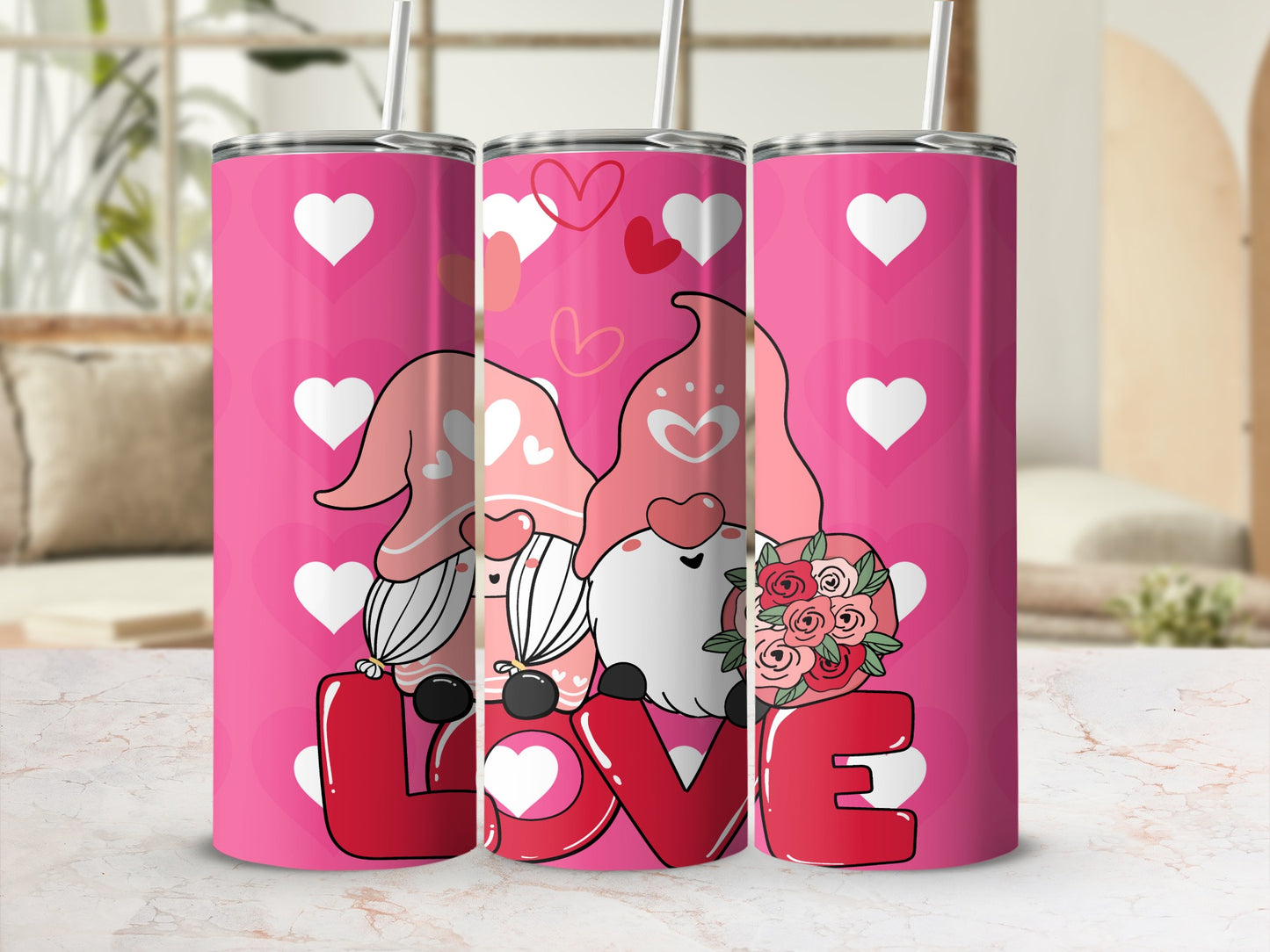 Valentines Day Gnomes with Love Pink Tumbler Cup