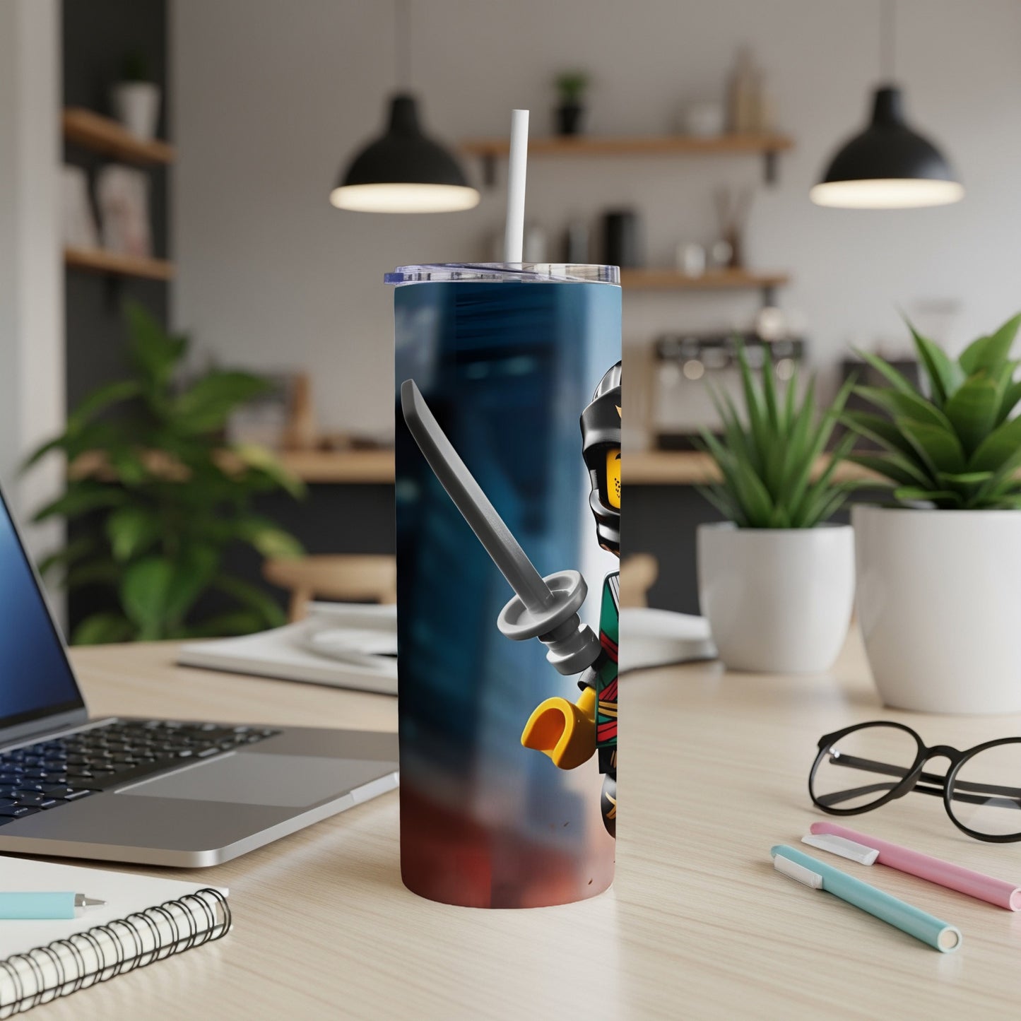 Character with sword on a tumbler with a cityscape background.