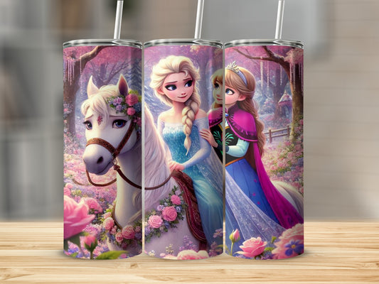Frozen Characters Elsa Anna Horse Floral Design Tumbler