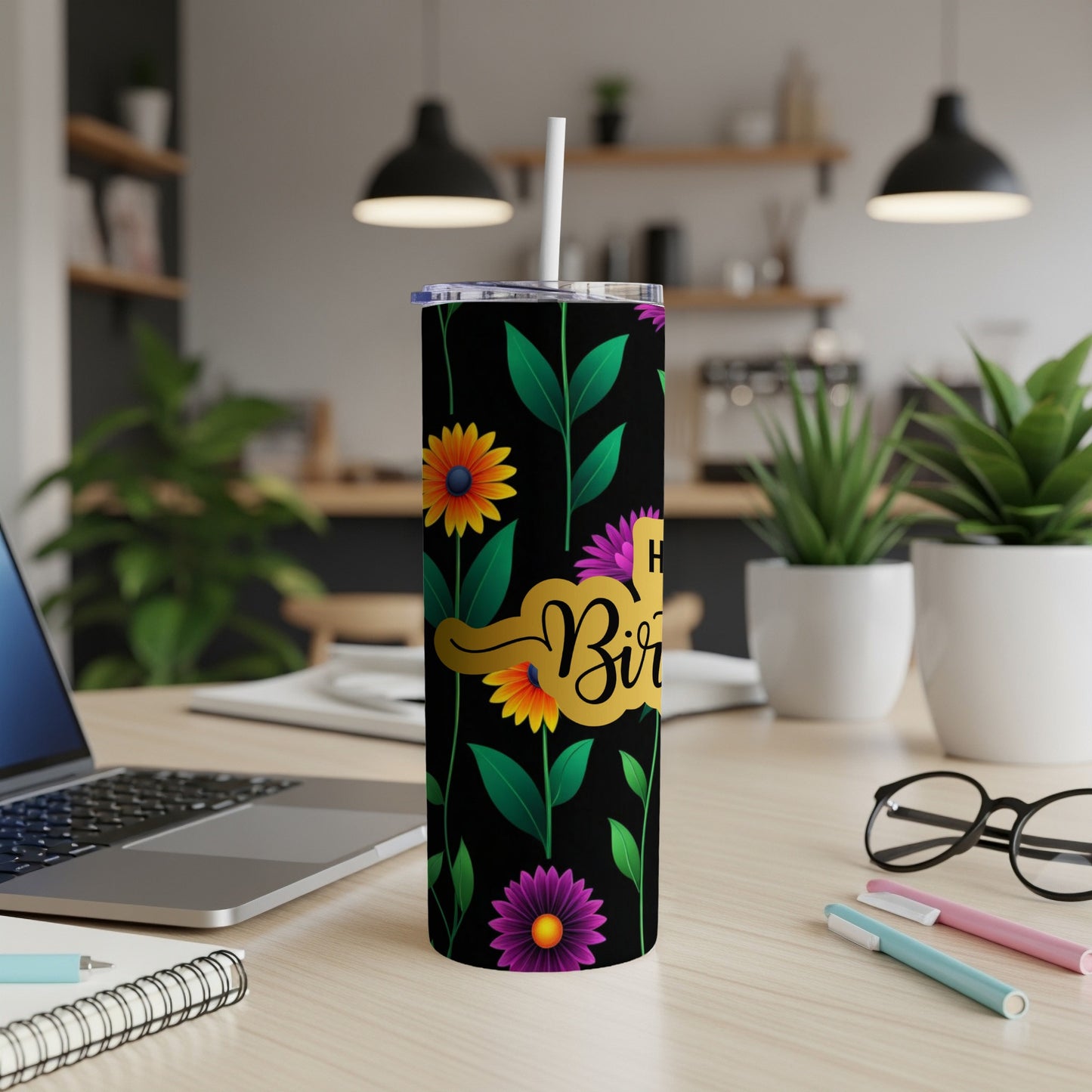 Black tumbler with floral pattern and "Happy Birthday" text.