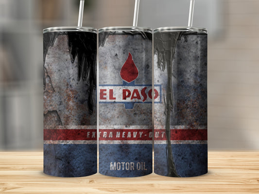 El Paso Motor Oil tumbler with oil drip design and red, white, and blue stripes.