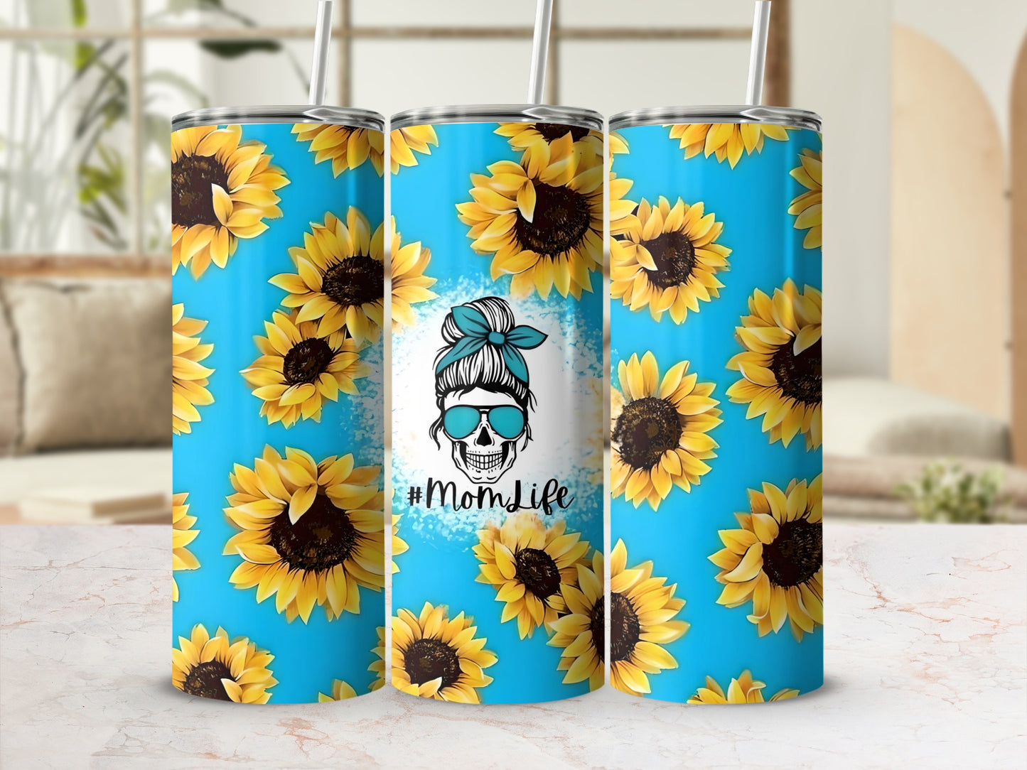 #MomLife Sunflower Blue Tumbler 20oz Cup for Moms Gift