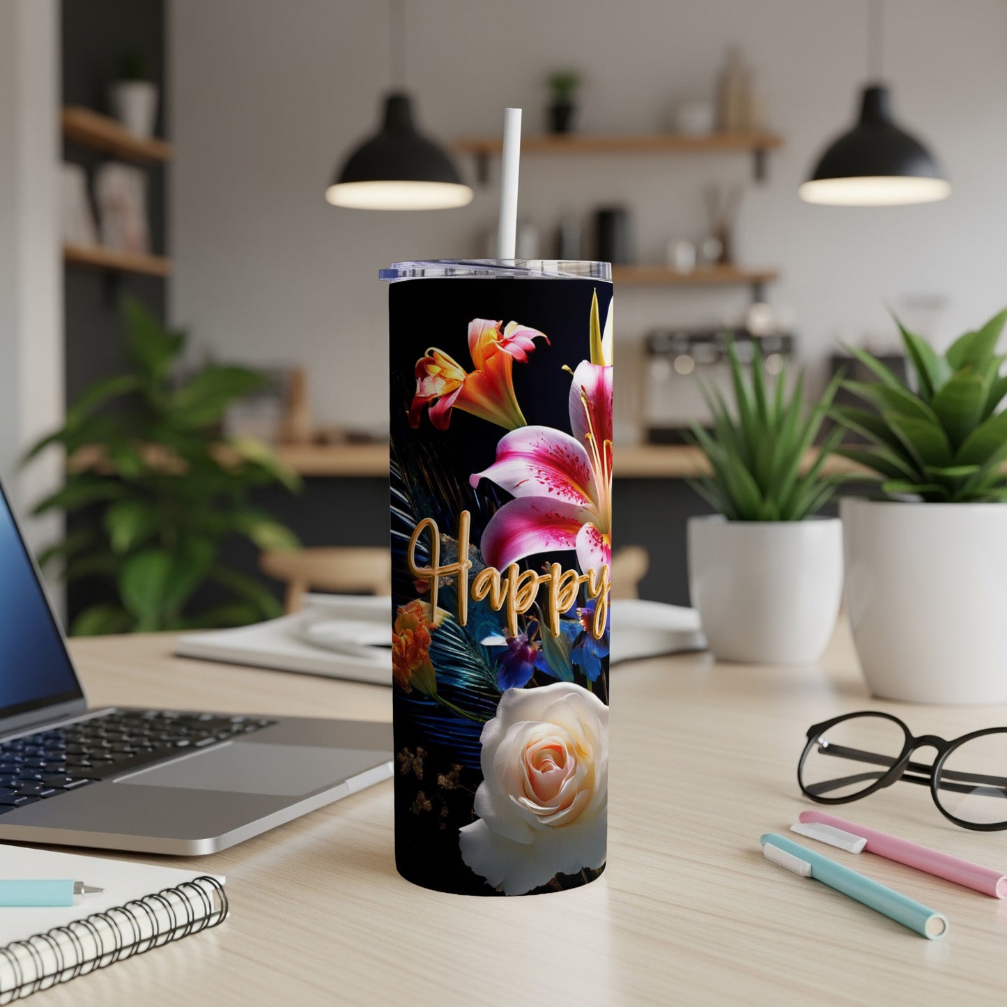 Black tumbler with "Happy" in gold script and floral accents.