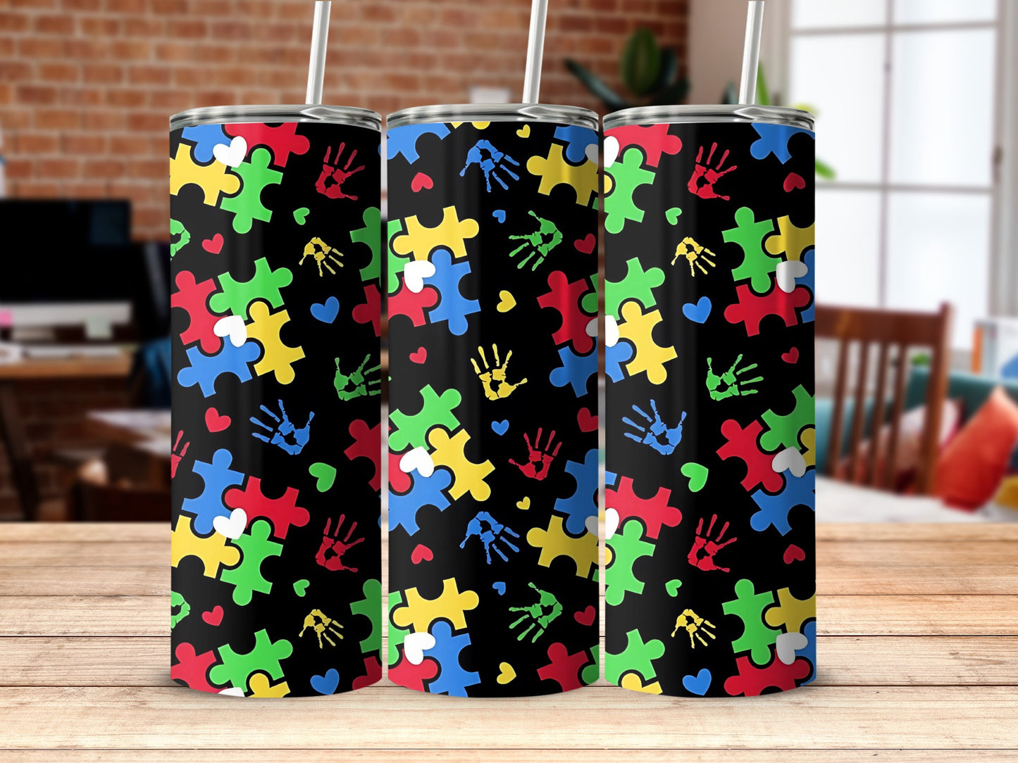 Colorful Puzzle Pieces and Handprints Tumbler