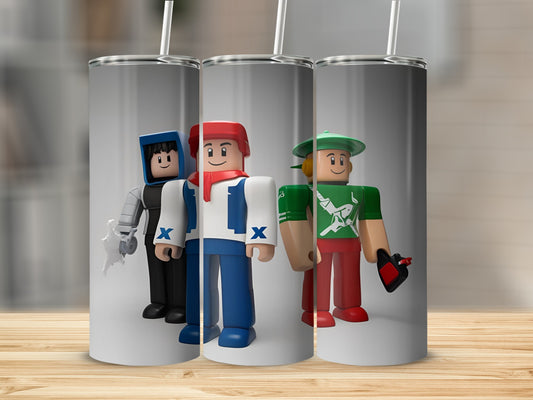 Three Roblox characters in a line, each holding a drink and wearing different colored outfits.