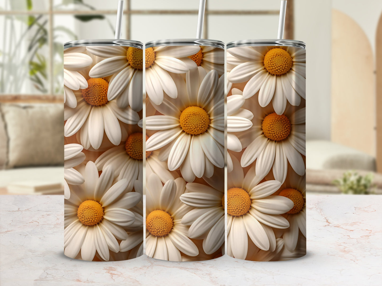 Daisy Flower Design Insulated Tumbler with Straw