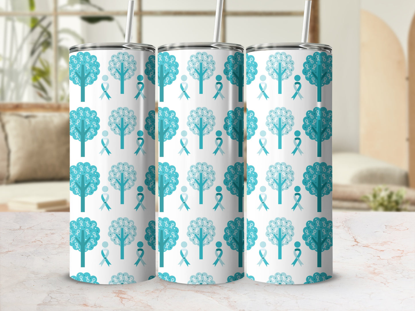 Blue Ribbon Awareness Tree Pattern Tumbler Cup