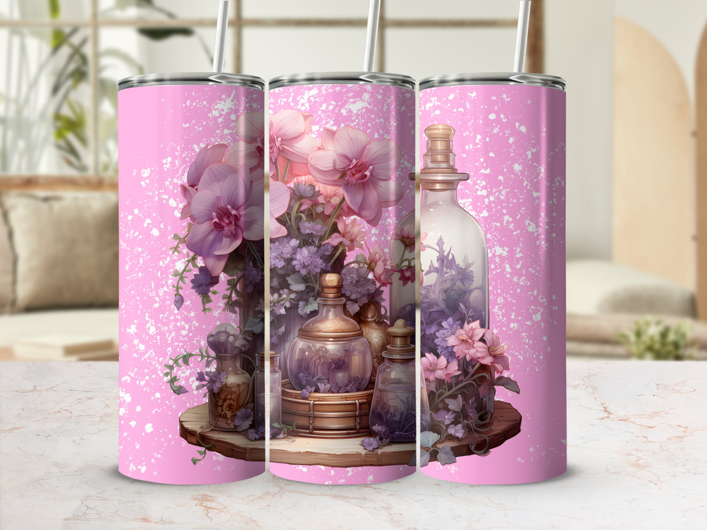 Pink Floral and Glass Bottles Print Insulated Tumbler